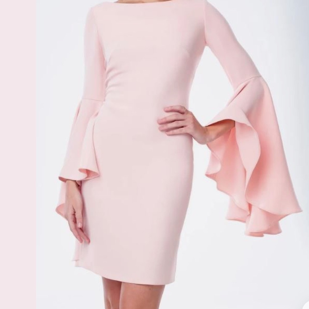 Aqua Pink Ruffled Bell Sleeve Sheath Dress